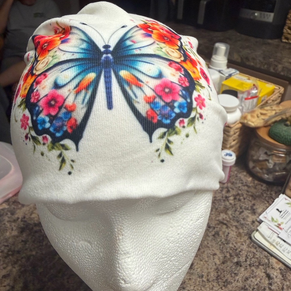 White Butterfly Floral Beanie